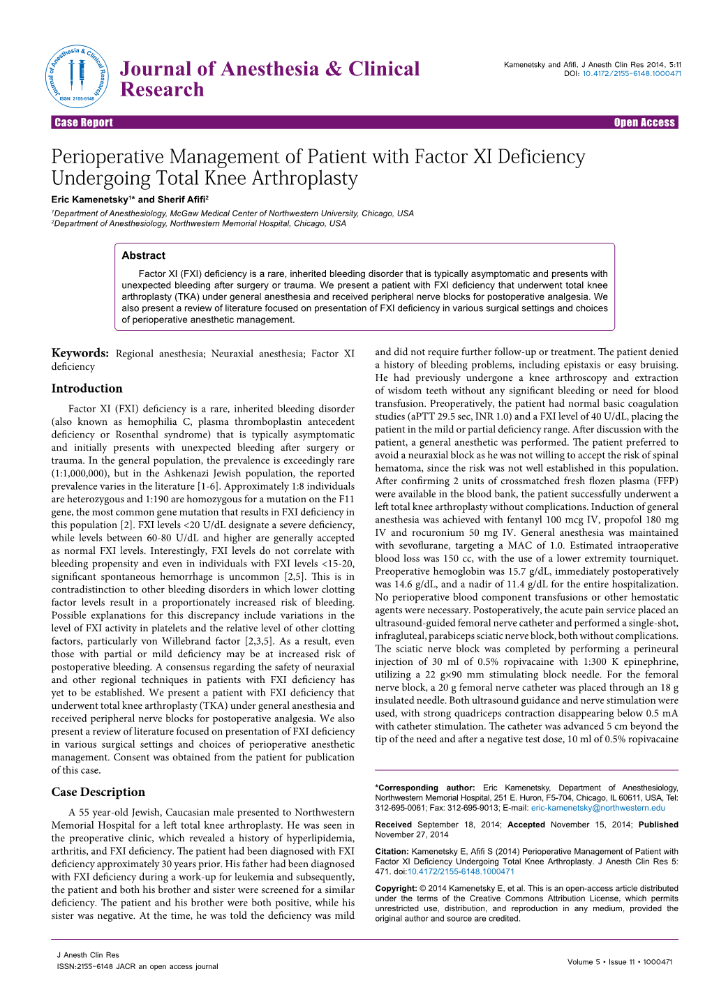 Perioperative Management of Patient with Factor XI Deficiency