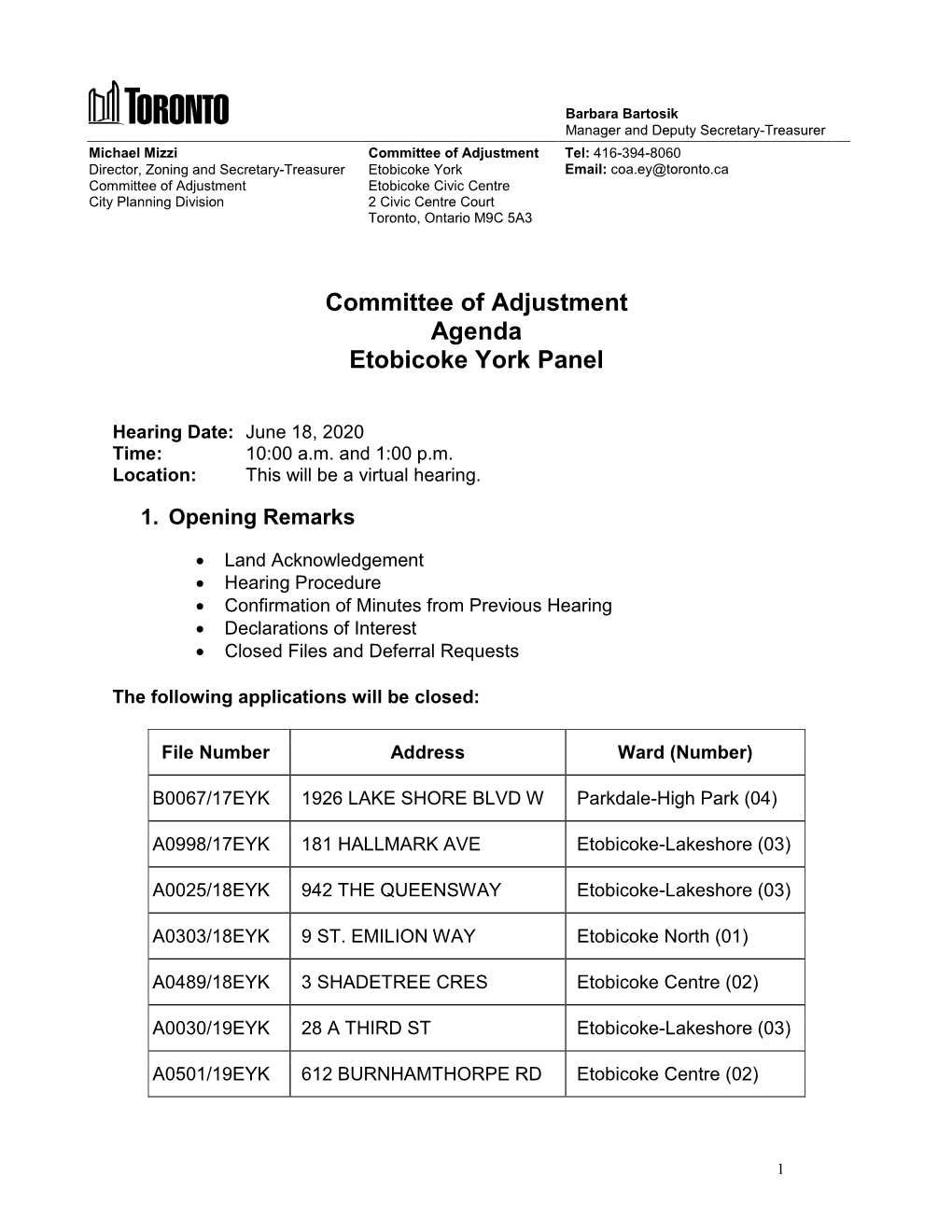 Committee of Adjustment Etobicoke York, Hearing Agenda, June 18, 2020