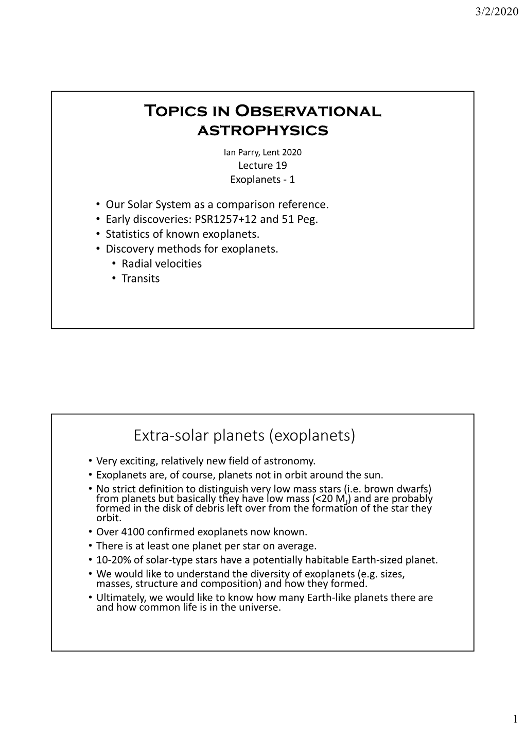 Topics in Observational Astrophysics Extra‐Solar Planets (Exoplanets)