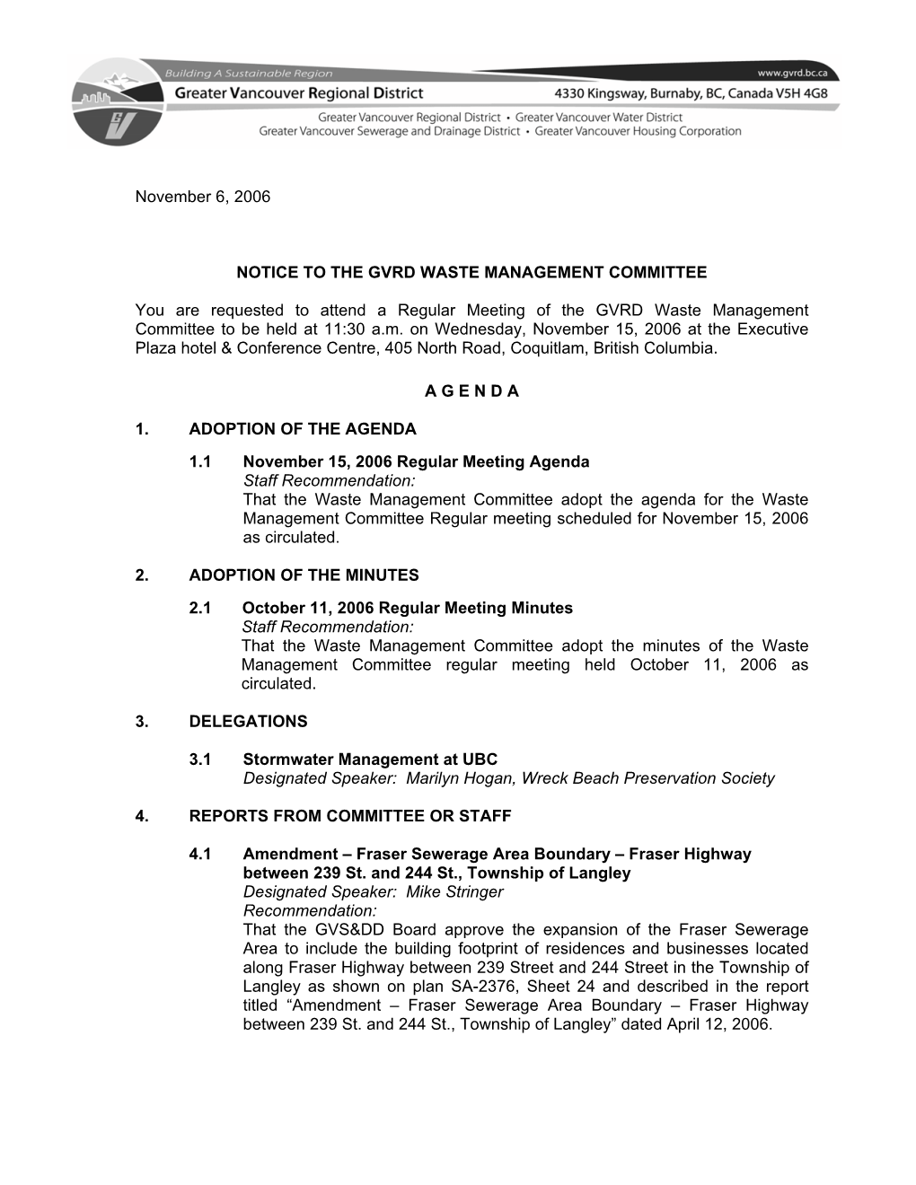 Waste Management Committee Meeting – November 15, 2006 Page 2 of 3