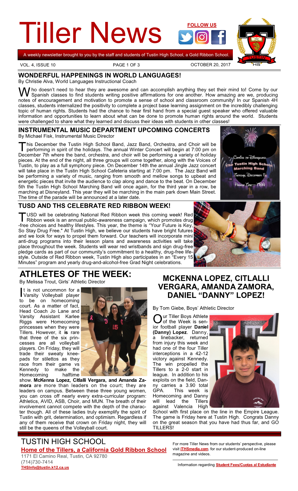 Tiller News FOLLOW US a Weekly Newsletter Brought to You by the Staff and Students of Tustin High School, a Gold Ribbon School