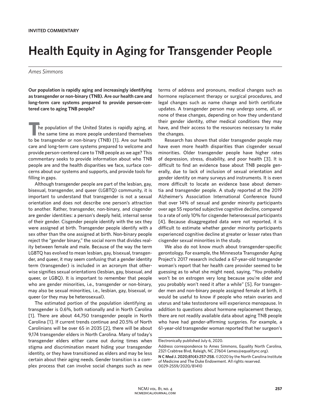 Health Equity in Aging for Transgender People