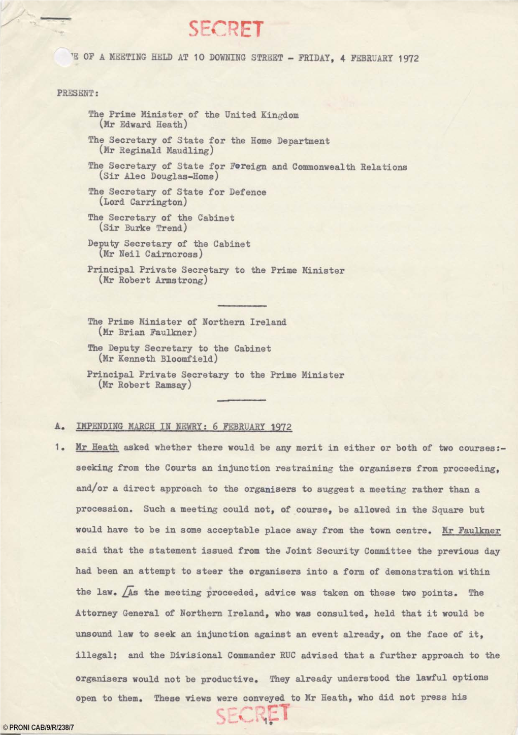 E] of a Meeting Held at 10 Downing Street - Friday, 4 February 1972