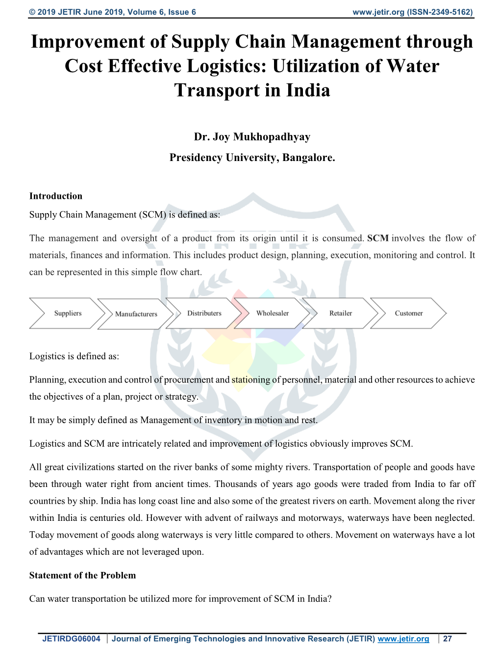 Improvement of Supply Chain Management Through Cost Effective Logistics: Utilization of Water Transport in India