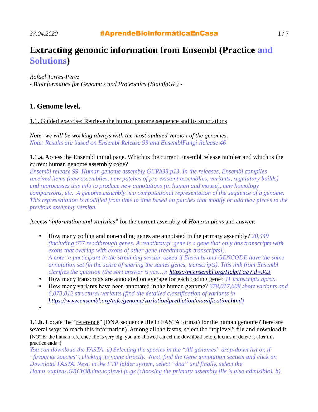 Extracting Genomic Information from Ensembl (Practice and Solutions)