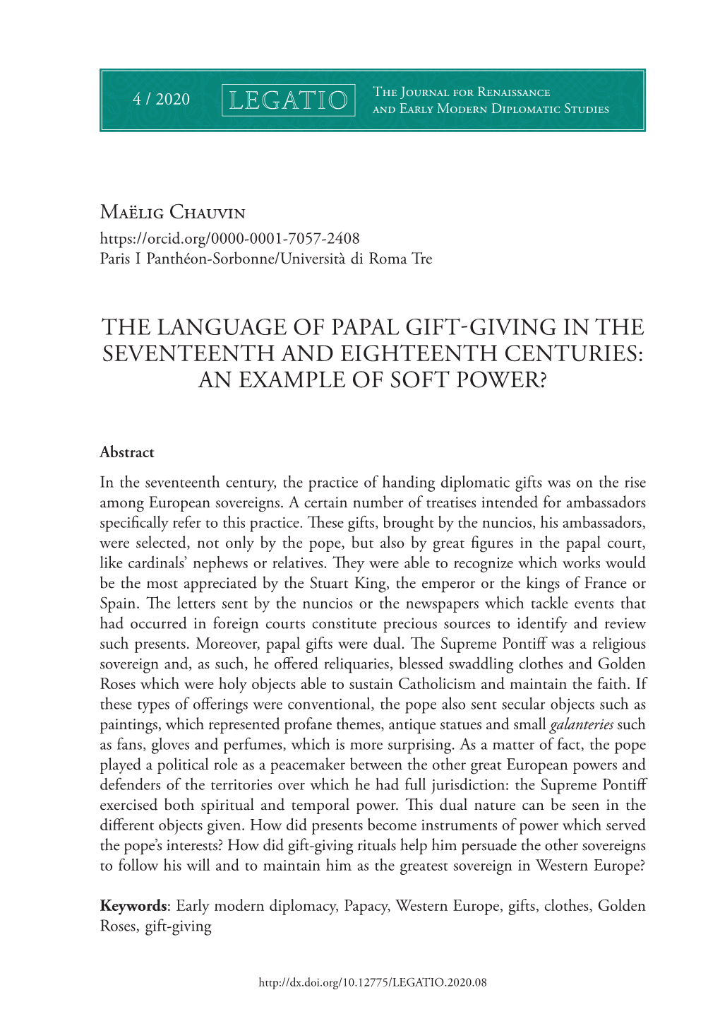 The Language of Papal Gift-Giving in the Seventeenth and Eighteenth Centuries: an Example of Soft Power?