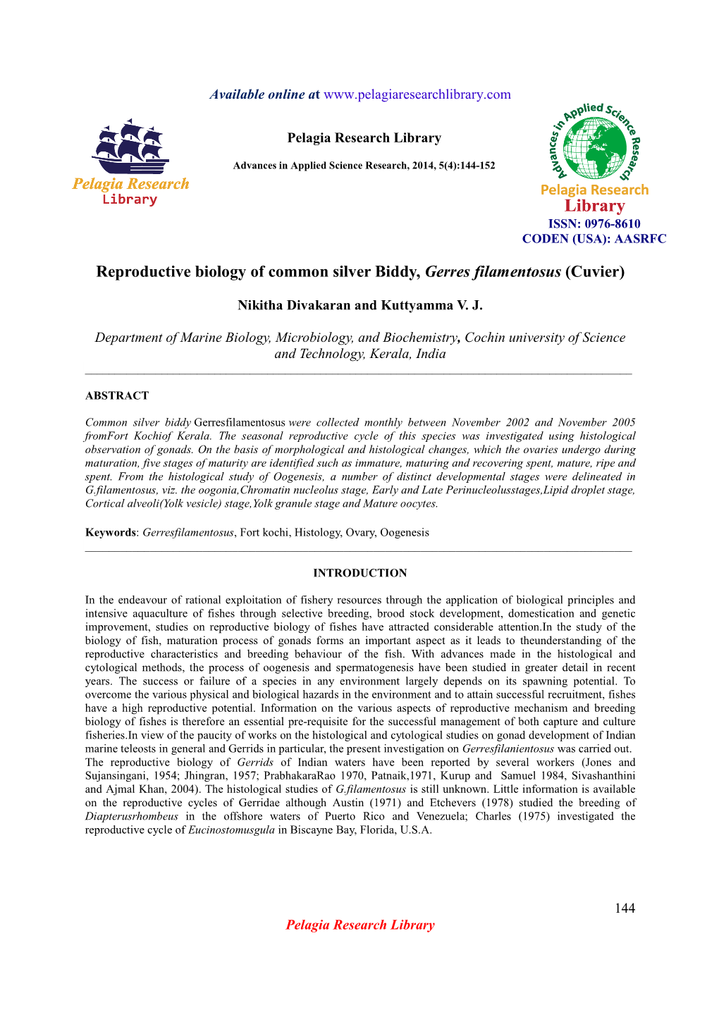 Reproductive Biology of Common Silver Biddy, Gerres Filamentosus (Cuvier)