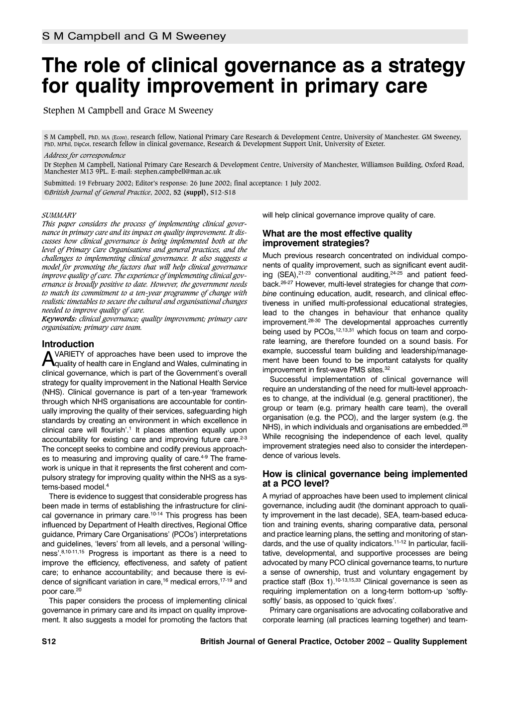 The Role of Clinical Governance As a Strategy for Quality Improvement in Primary Care