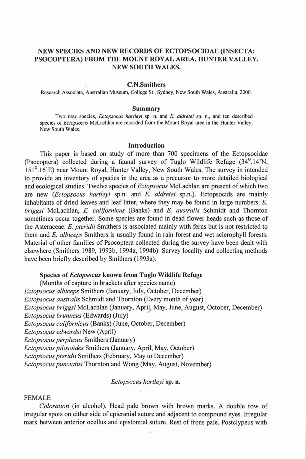 New Species and New Records of Ectopsocidae (Insecta: Psocoptera) from the Mount Royal Area, Hunter Valley, New South Wales