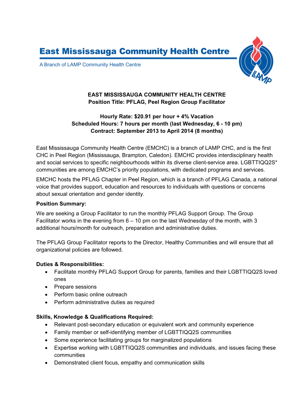 Position Title: PFLAG, Peel Regiongroup Facilitator