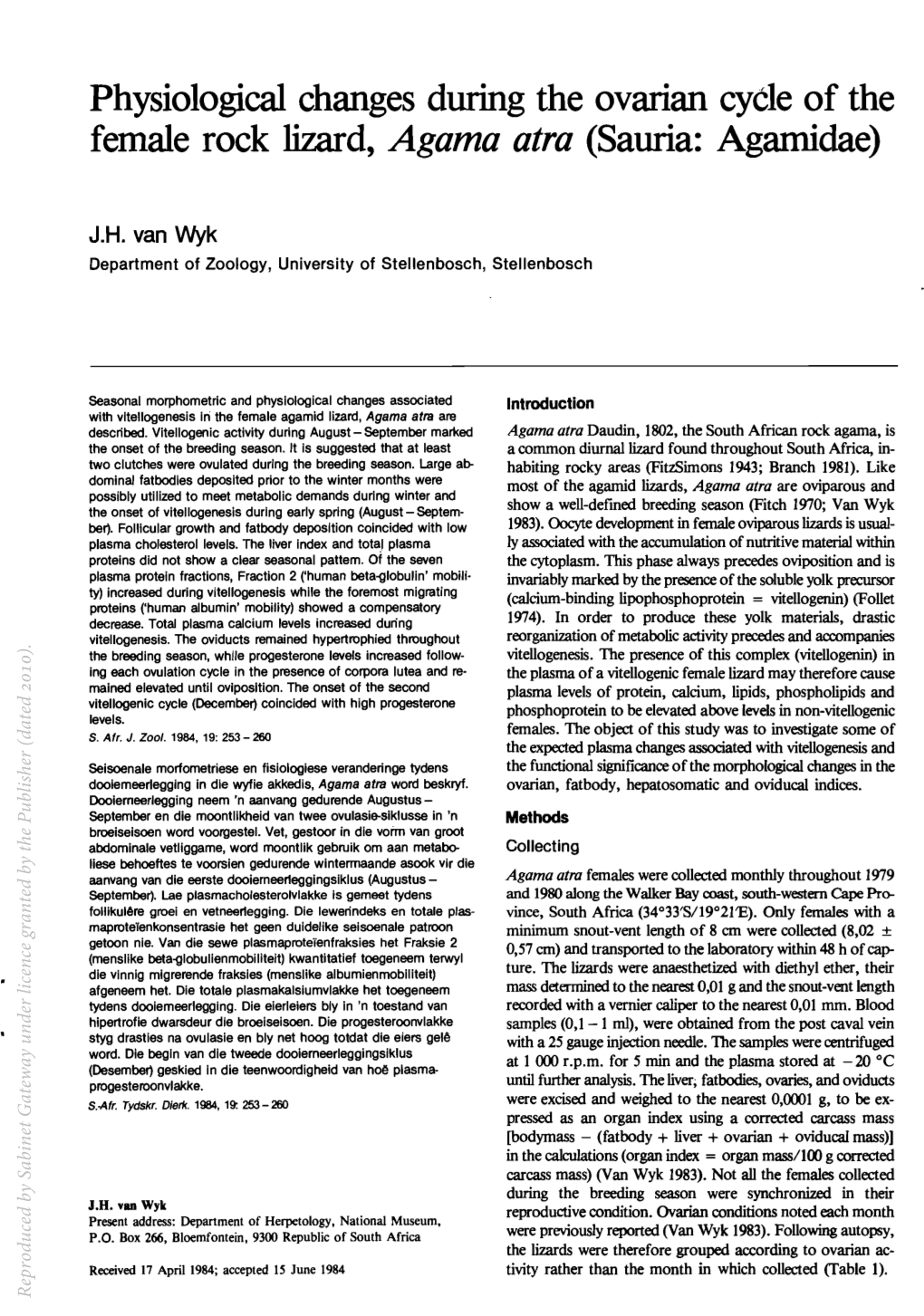 Physiological Changes During the Ovarian Cycle of the Female Rock Lizard, Agama Atra (Sauria: Agamidae)