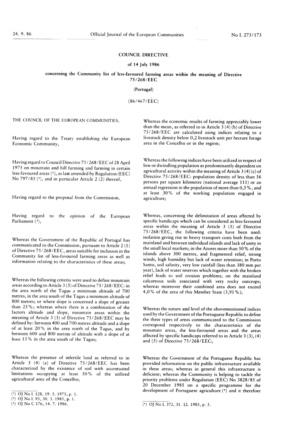 Concerning the Community List of Less-Favoured Farming Areas Within the Meaning of Directive 75 / 268 / EEC