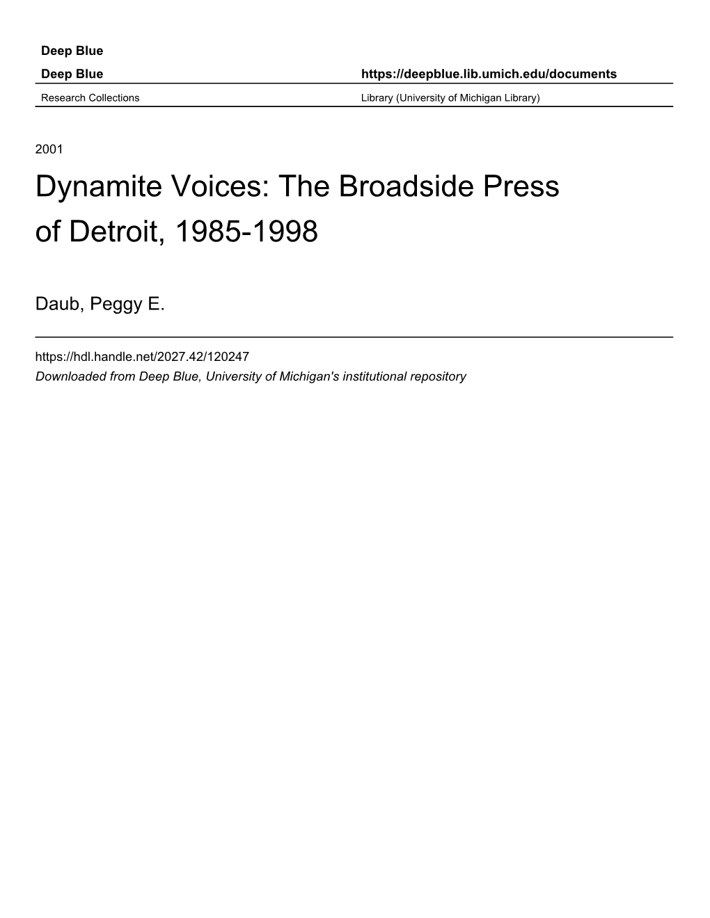 Dynamite Voices: the Broadside Press of Detroit, 1985-1998