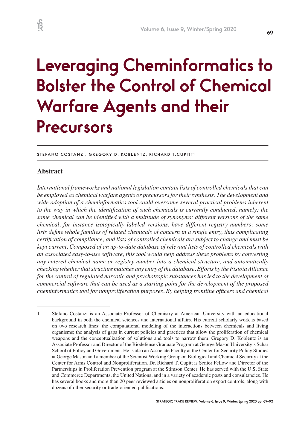 Leveraging Cheminformatics to Bolster the Control of Chemical Warfare Agents and Their Precursors