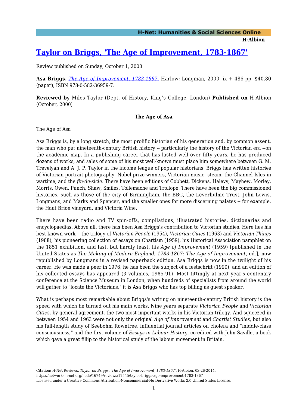 Taylor on Briggs, 'The Age of Improvement, 1783-1867'