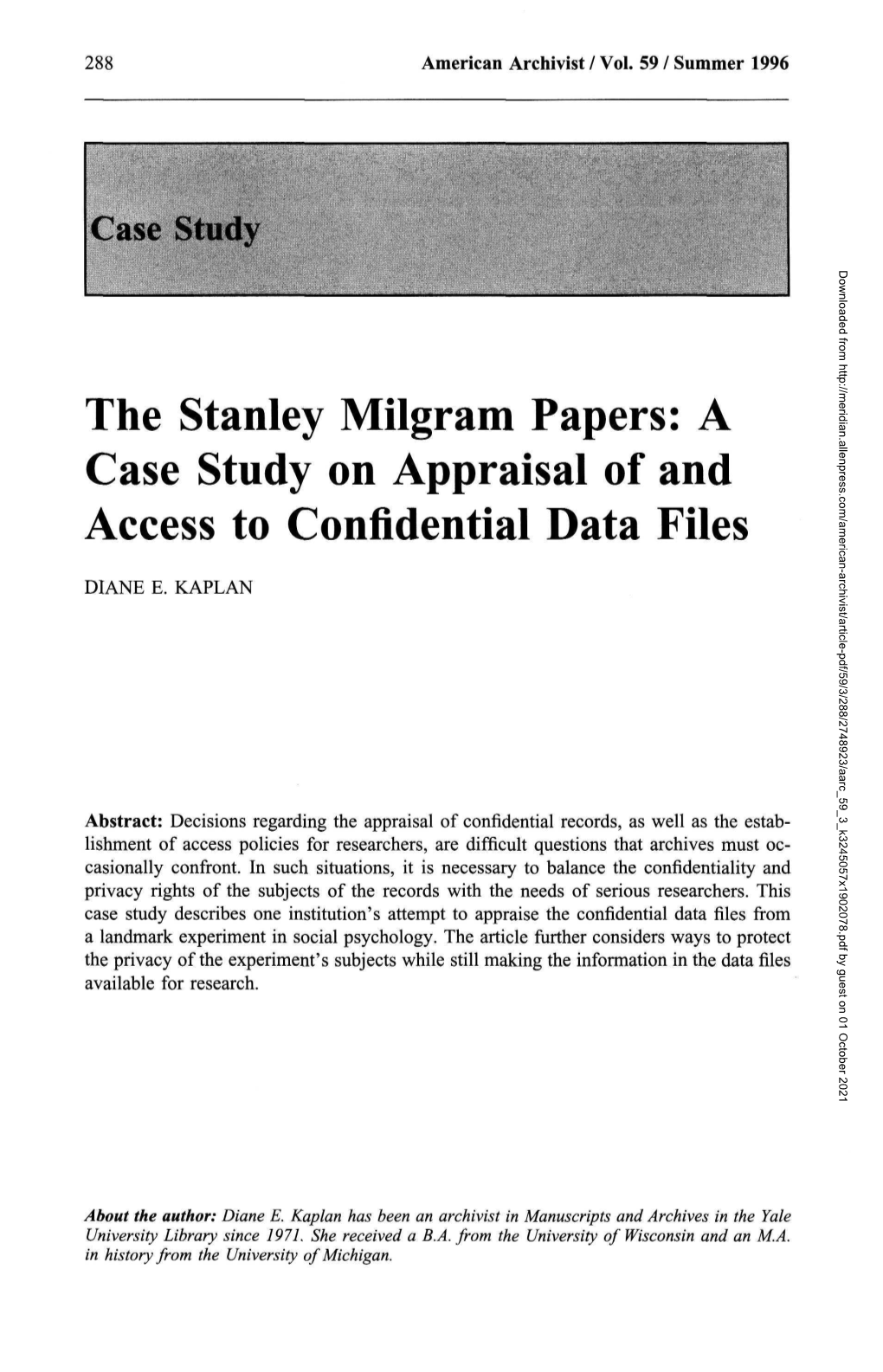 The Stanley Milgram Papers: a Case Study on Appraisal of and Access to Confidential Data Files