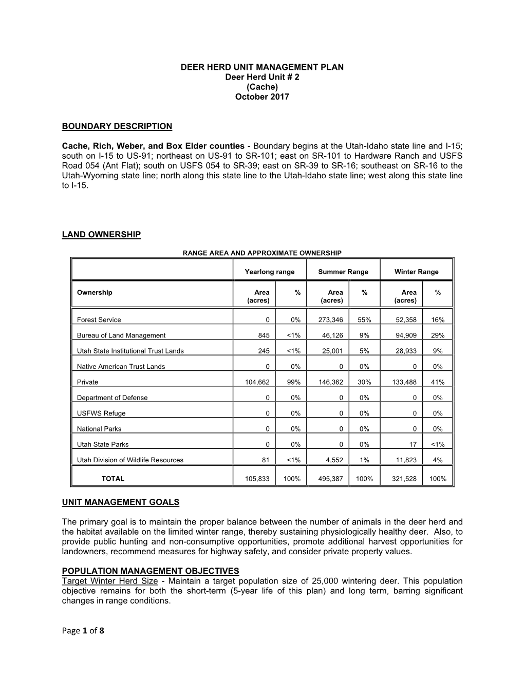 Deer Herd Unit Management Plan | Unit #2 (Cache)