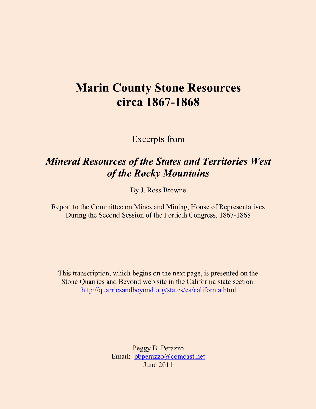Marin County Stone Resources Circa 1867-1868