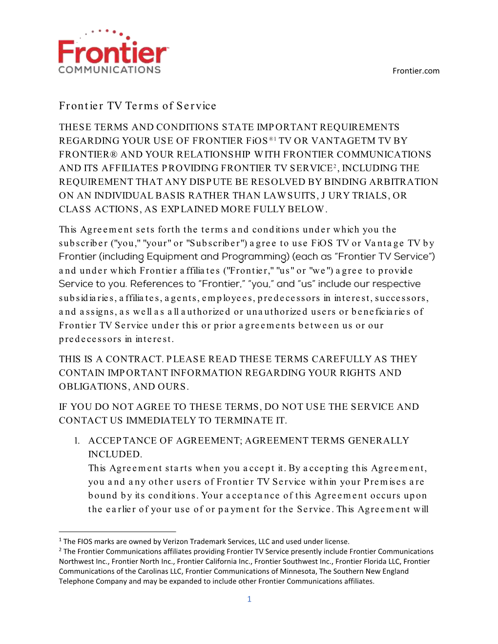 Former Frontier TV Terms of Service—March 2017