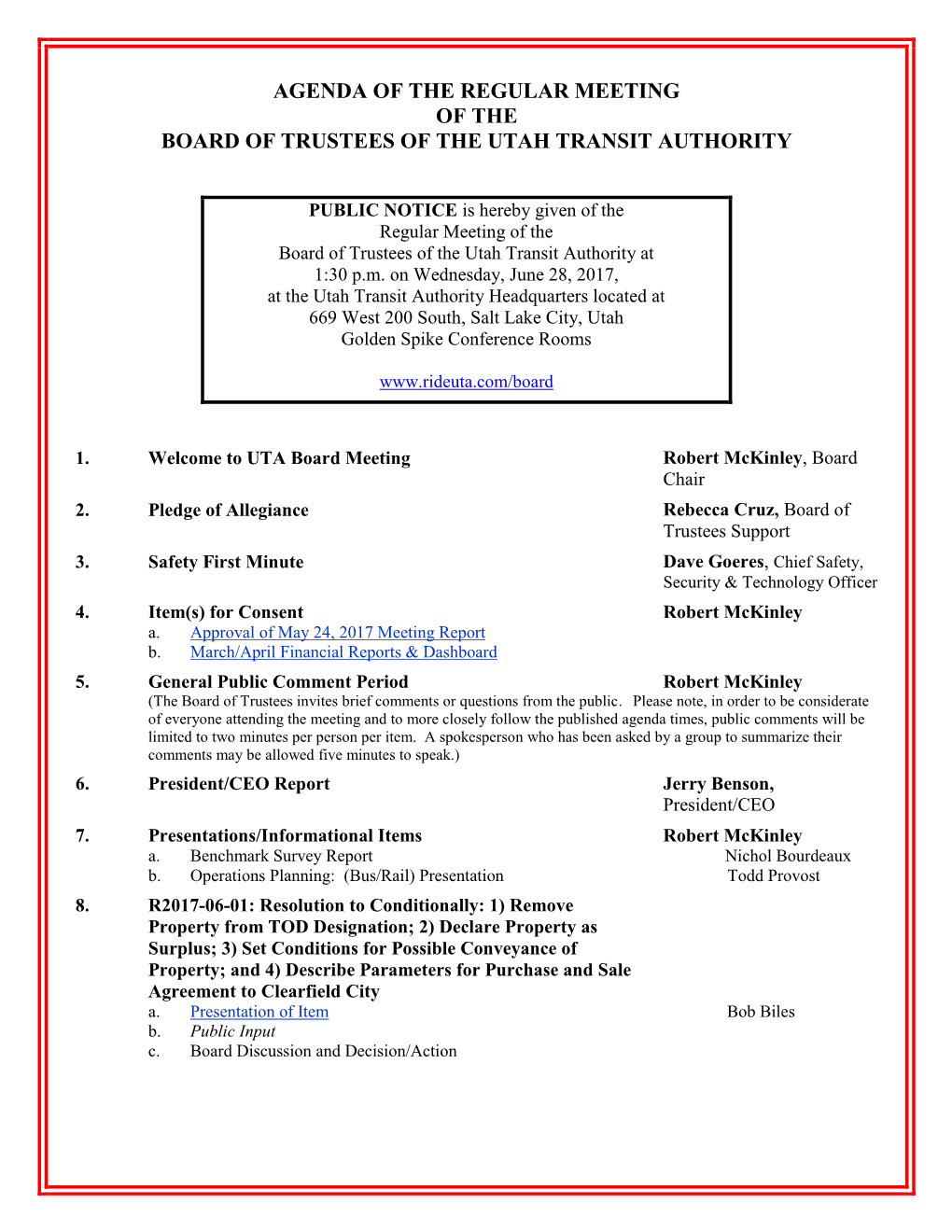 Agenda of the Regular Meeting of the Board of Trustees of the Utah Transit Authority