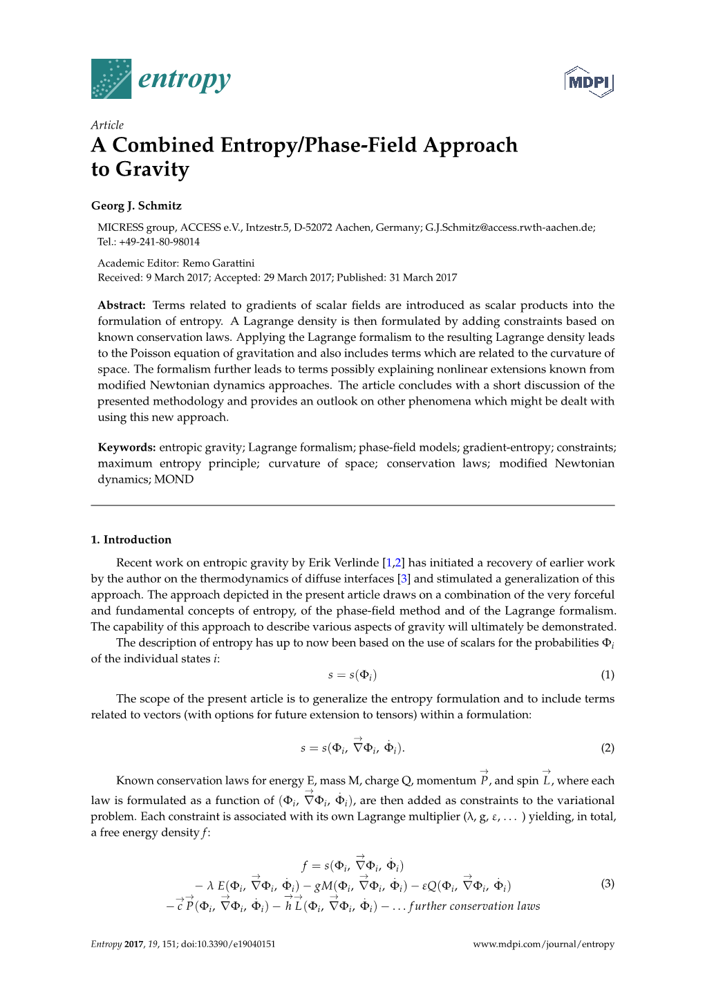A Combined Entropy/Phase-Field Approach to Gravity