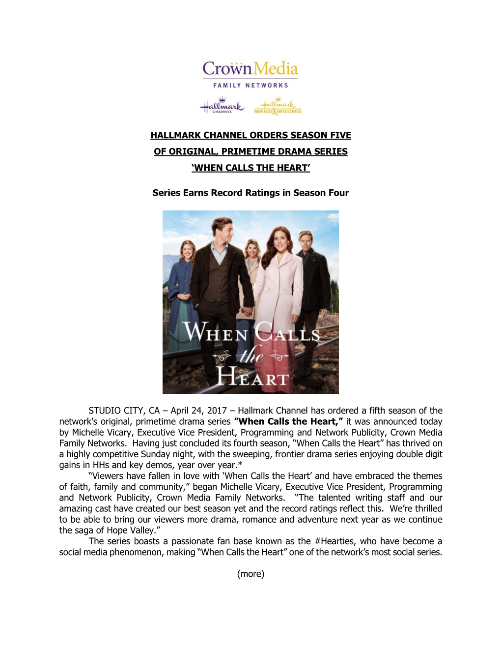 Hallmark Channel Orders Season Five of Original, Primetime Drama Series ‘When Calls the Heart’