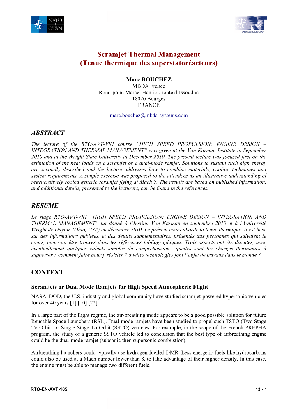 Scramjet Thermal Management (Tenue Thermique Des Superstatoréacteurs)