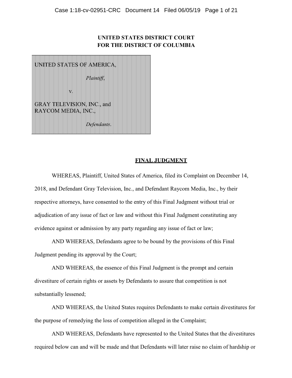 Final Judgment: U.S. V. Gray Television, Inc., and Raycom Media, Inc