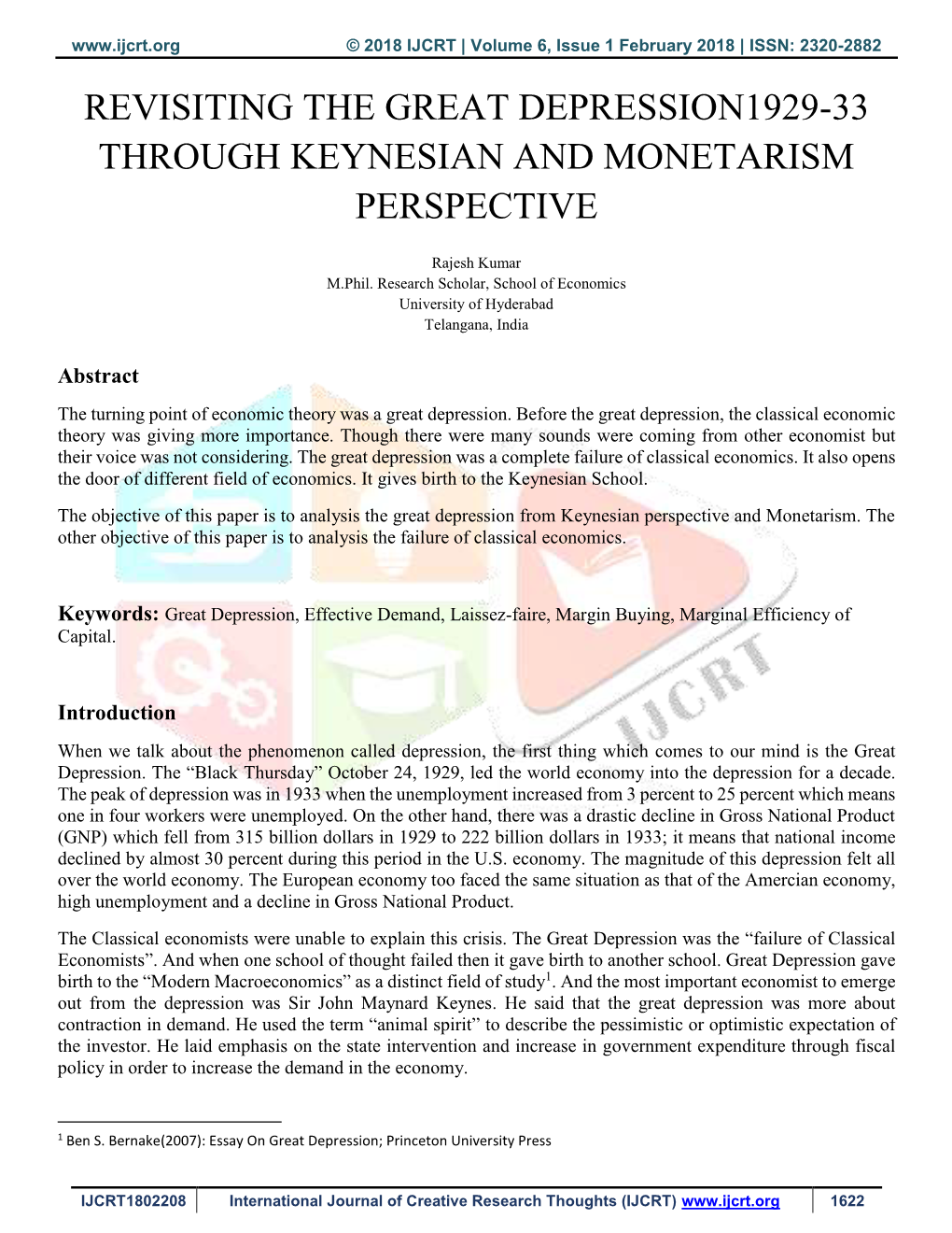 Revisiting the Great Depression1929-33 Through Keynesian and Monetarism Perspective