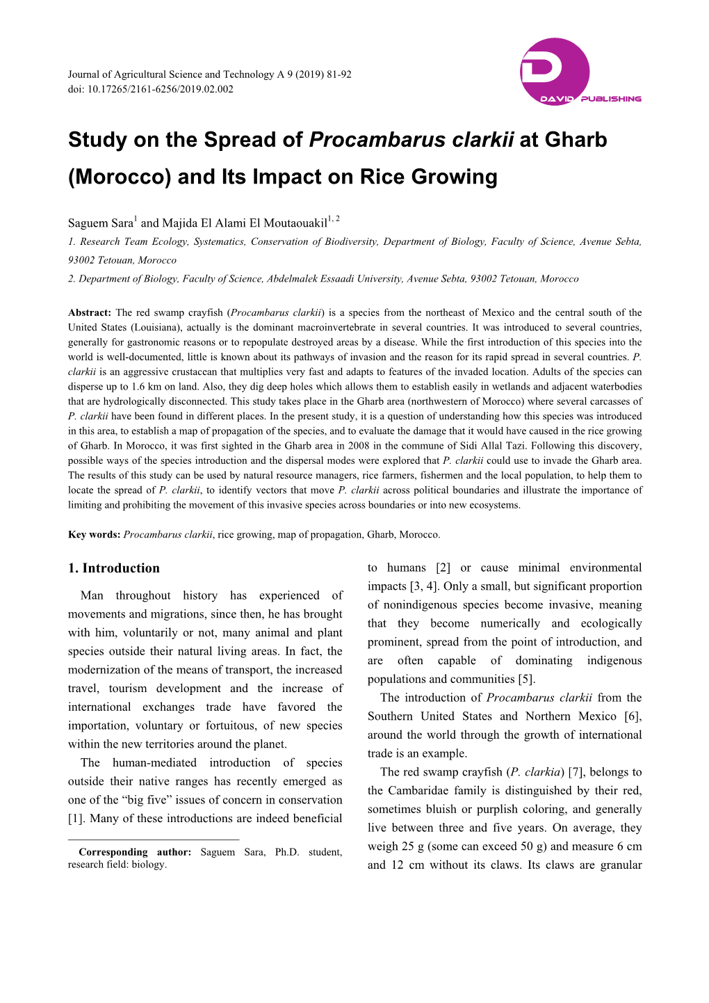 Study on the Spread of Procambarus Clarkii at Gharb (Morocco) and Its Impact on Rice Growing