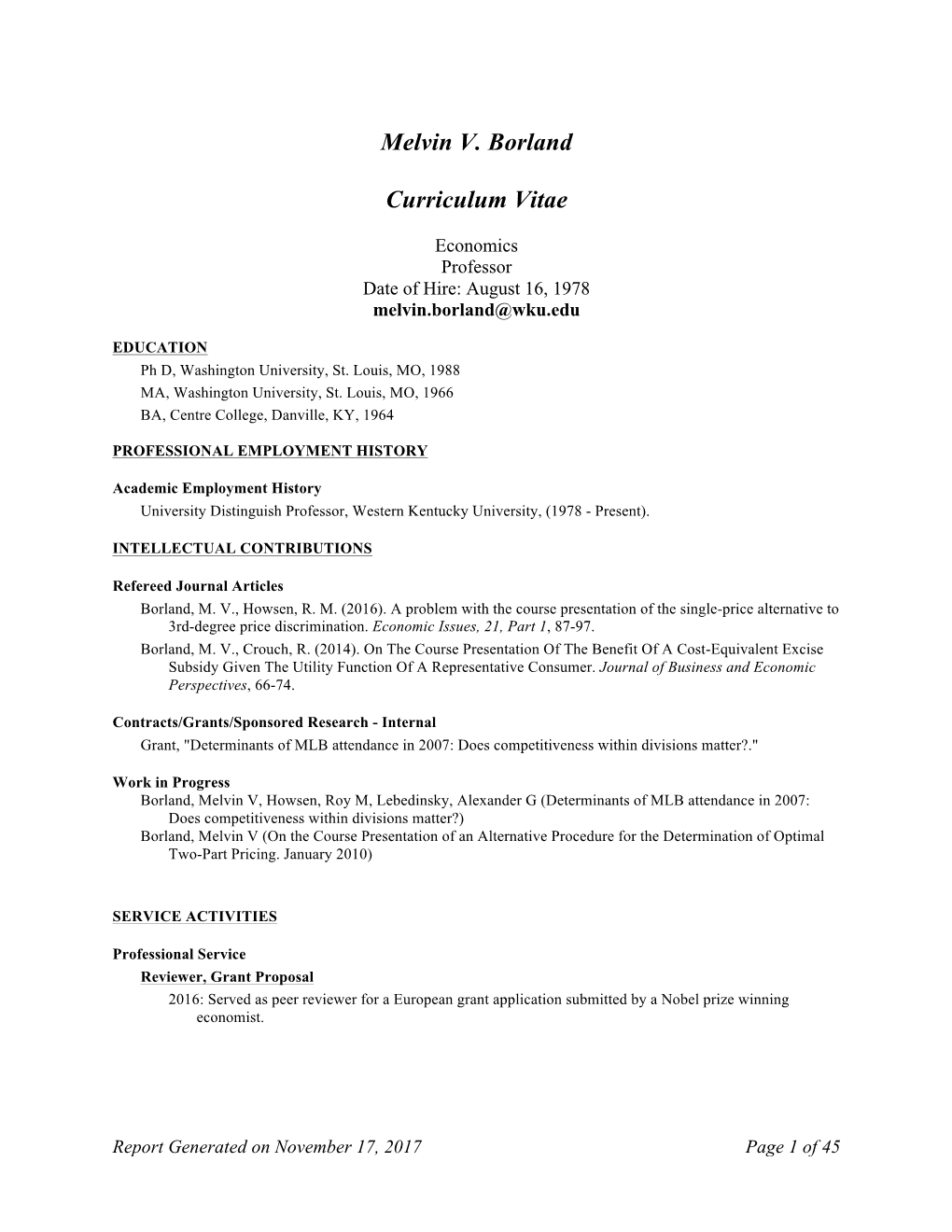 Melvin V. Borland Curriculum Vitae