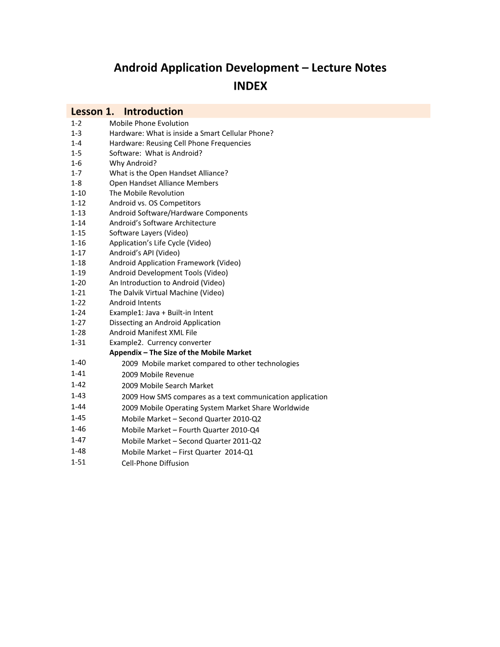 Android Application Development Lecture Notes INDEX