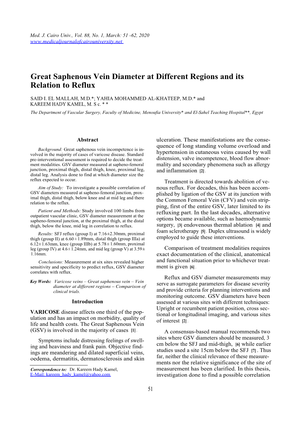 Great Saphenous Vein Diameter at Different Regions and Its Relation