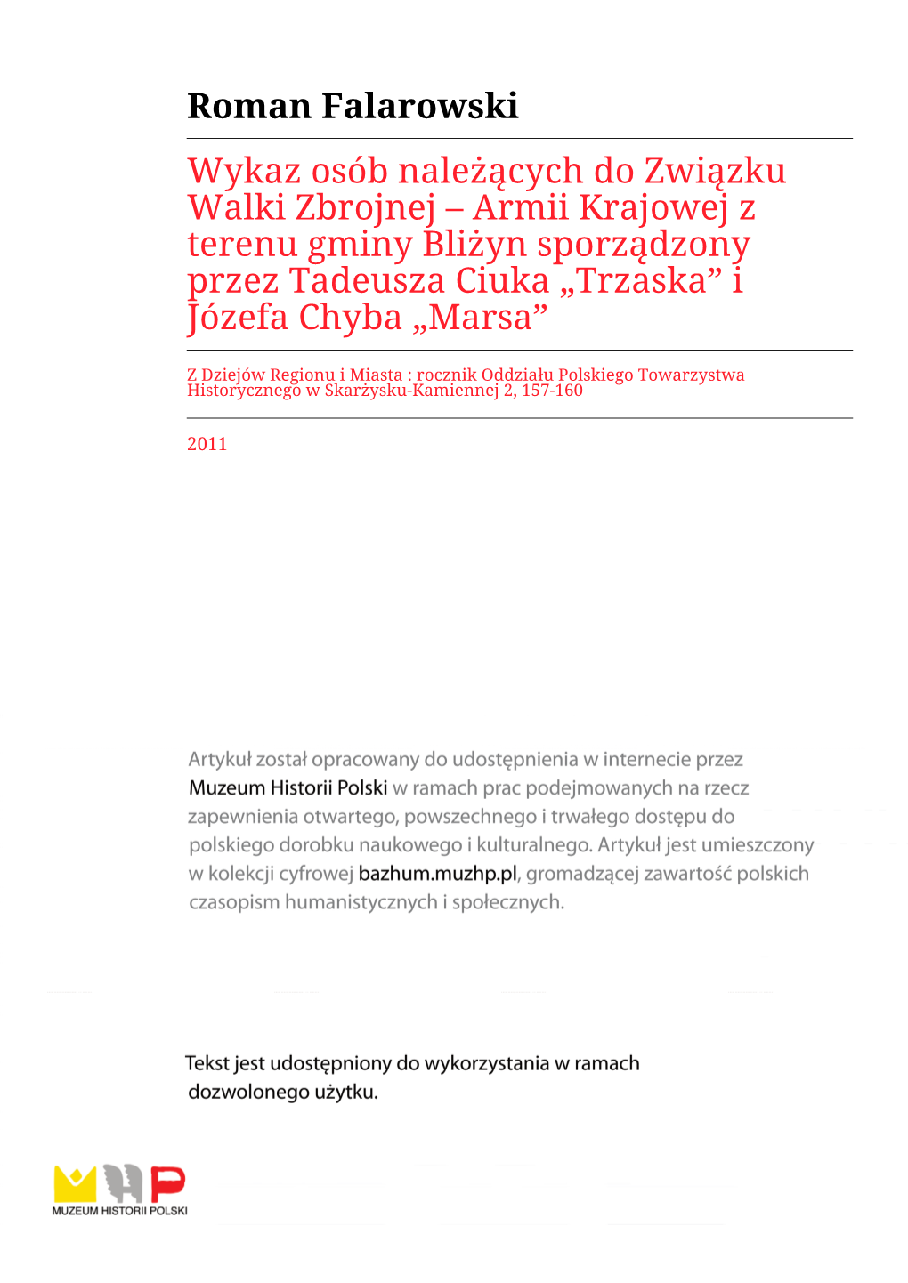 Armii Krajowej Z Terenu Gminy Bliżyn Sporządzony Przez Tadeusza Ciuka „Trzaska” I Józefa Chyba „Marsa”