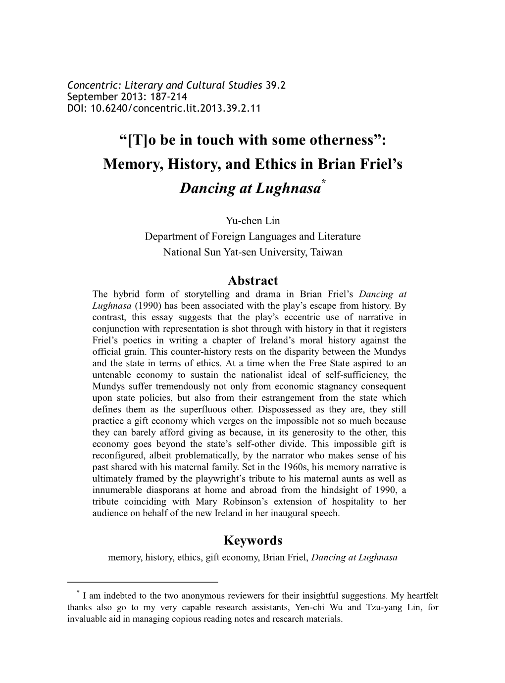 Memory, History, and Ethics in Brian Friel's Dancing At