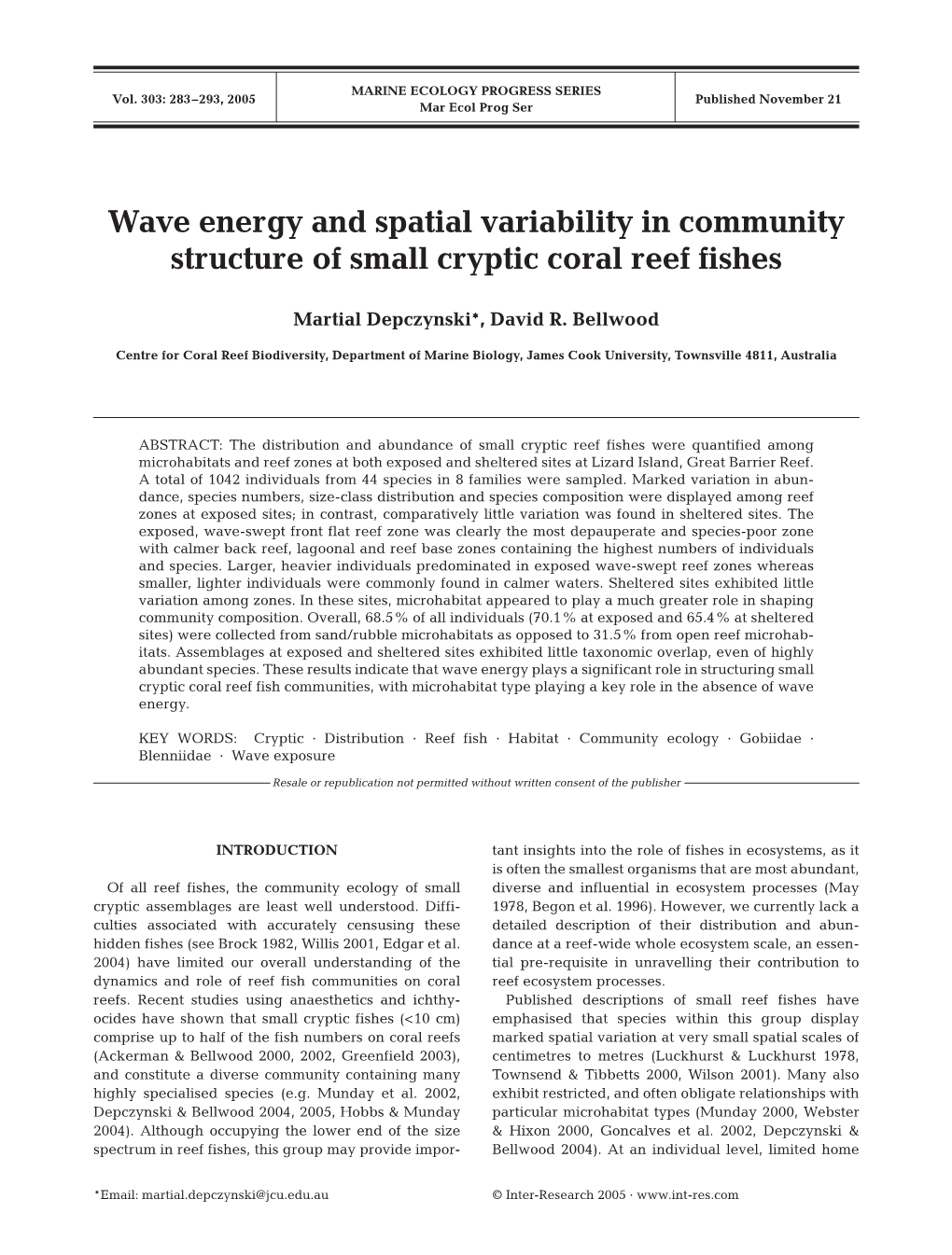 Wave Energy and Spatial Variability in Community Structure of Small Cryptic Coral Reef Fishes