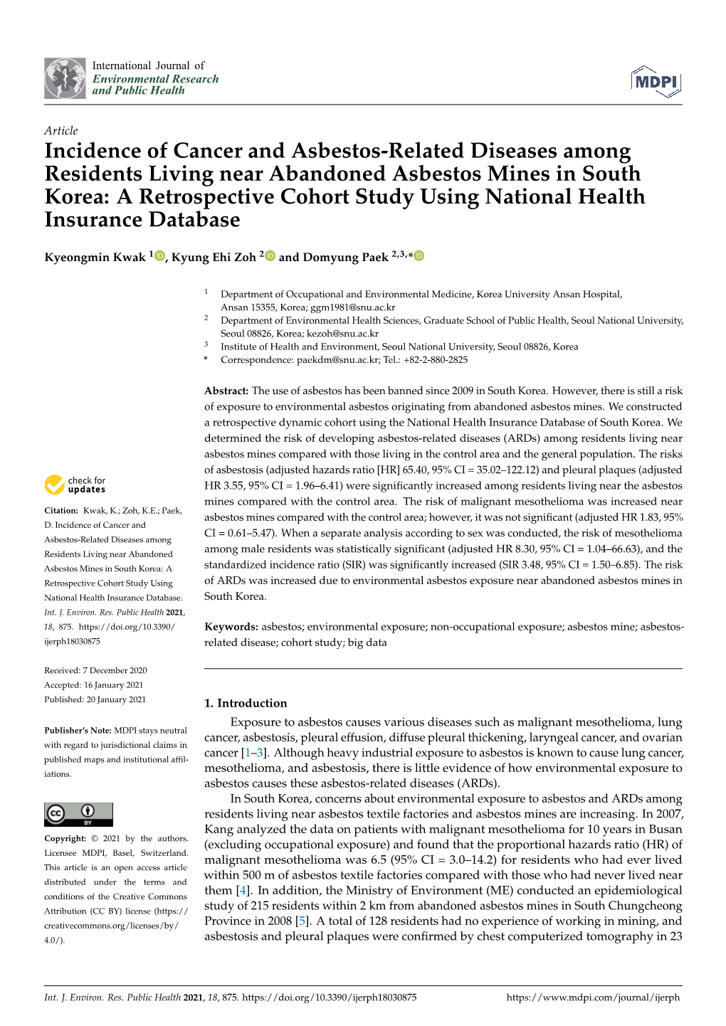 Incidence of Cancer and Asbestos-Related Diseases Among