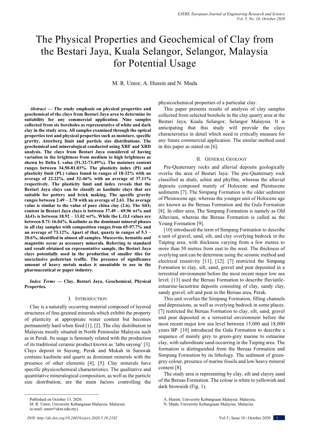 The Physical Properties and Geochemical of Clay from the Bestari Jaya, Kuala Selangor, Selangor, Malaysia for Potential Usage