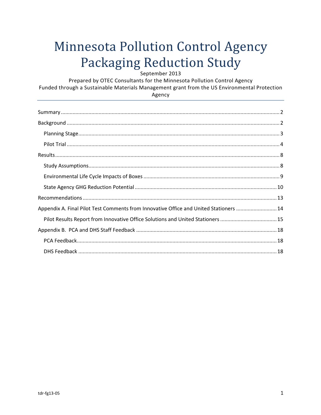 Minnesota Pollution Control Agency Packaging Reduction Study