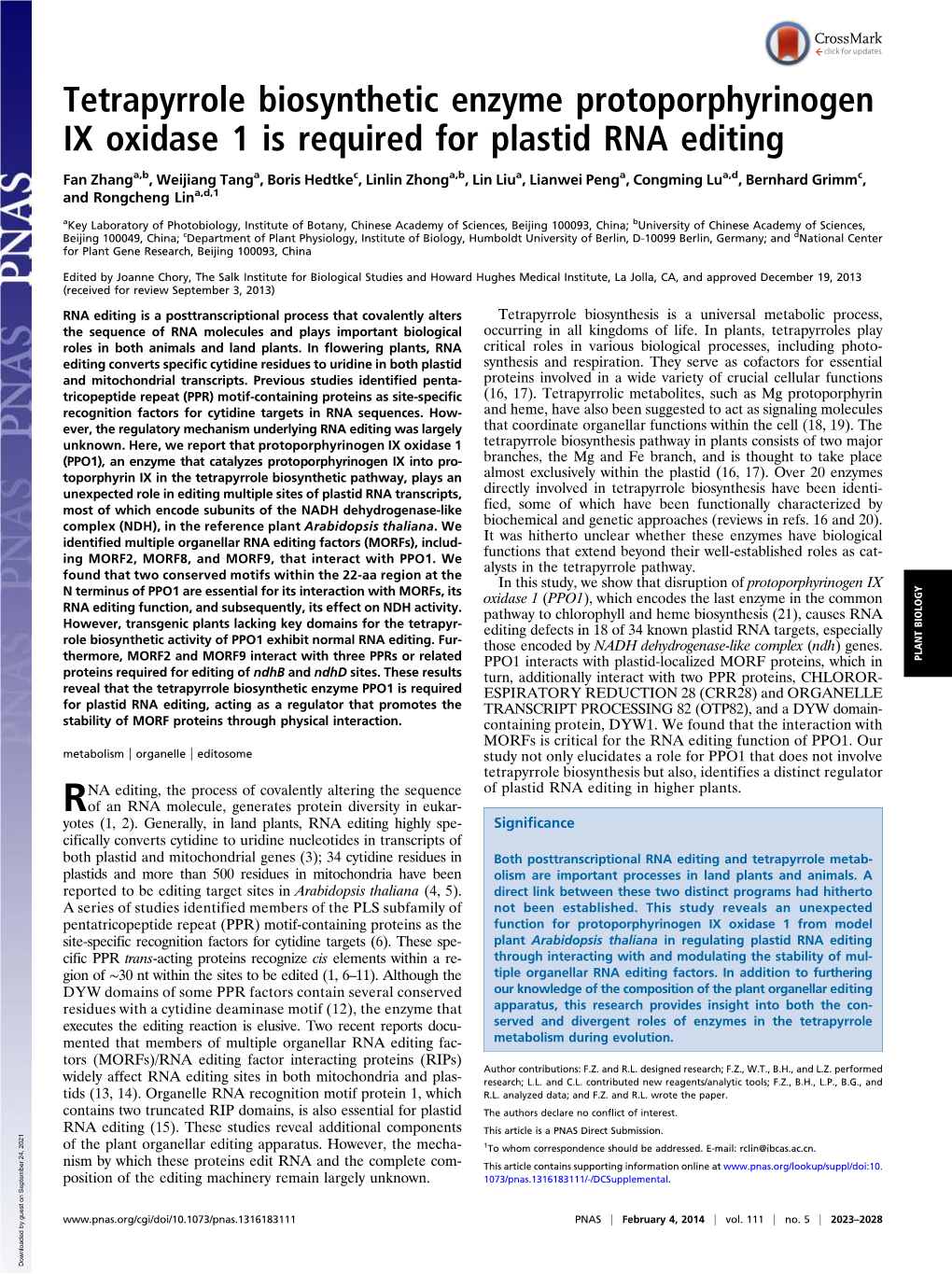 Tetrapyrrole Biosynthetic Enzyme Protoporphyrinogen IX Oxidase 1 Is Required for Plastid RNA Editing