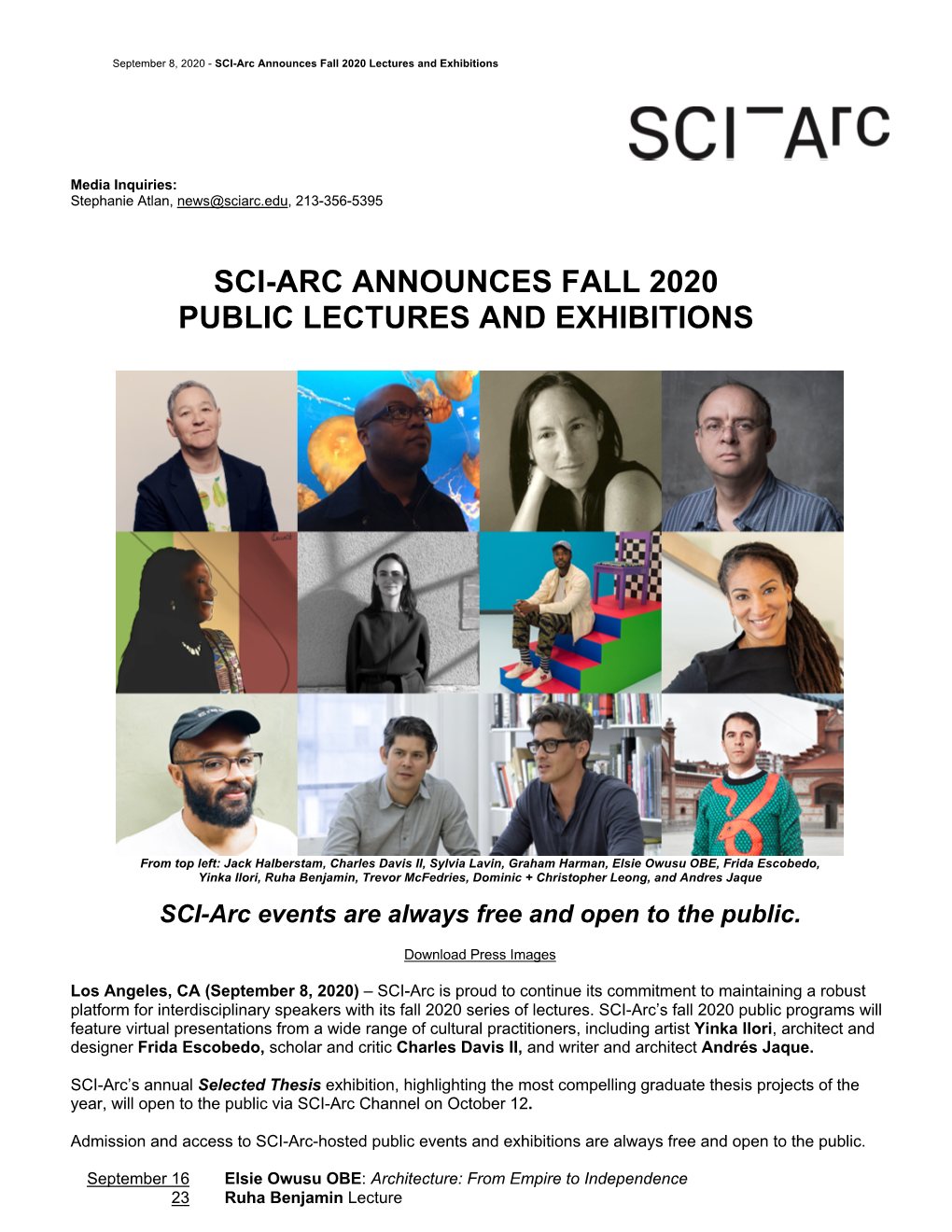 Sci-Arc Announces Fall 2020 Public Lectures and Exhibitions