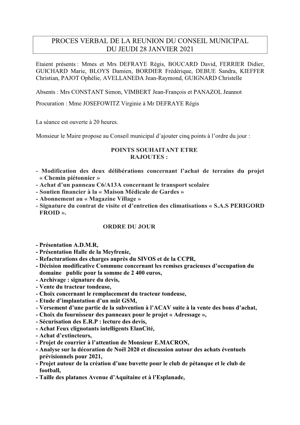 Proces Verbal De La Reunion Du Conseil Municipal Du Jeudi 28 Janvier 2021