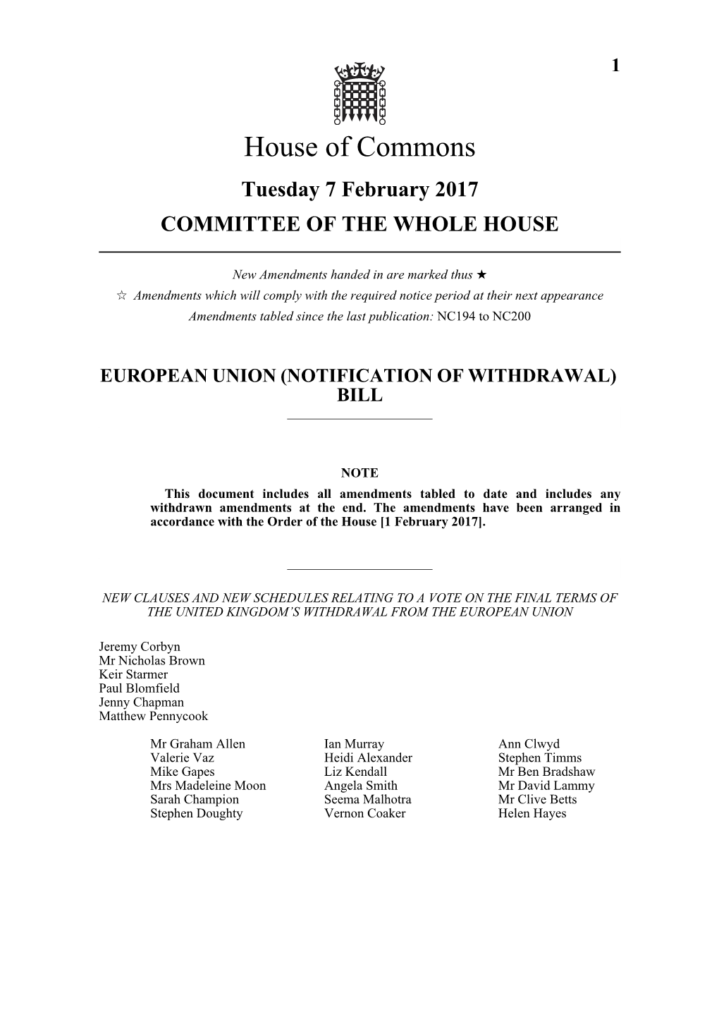 House of Commons Tuesday 7 February 2017 COMMITTEE of the WHOLE HOUSE