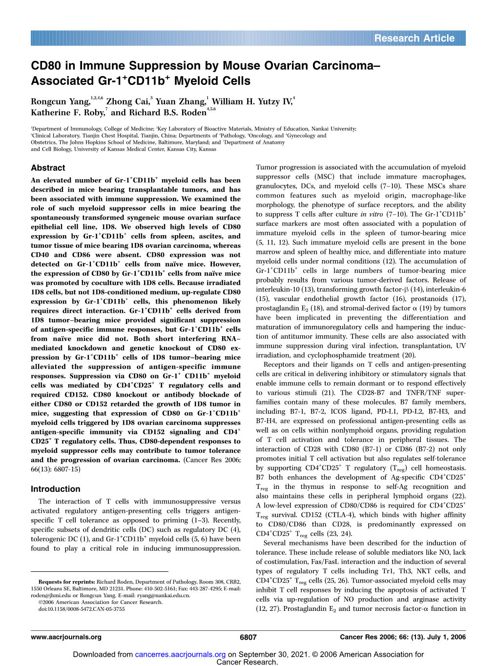 CD80 in Immune Suppression by Mouse Ovarian Carcinoma– Associated Gr-1+Cd11b+ Myeloid Cells