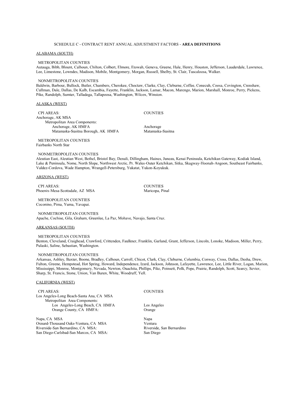 Schedule C - Contract Rent Annual Adjustment Factors - Area Definitions