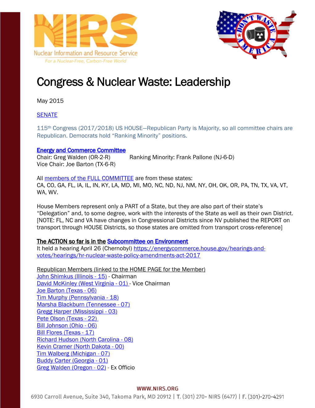 (House and Senate) Nuclear Waste Committees, Subcommittees, and Leadership