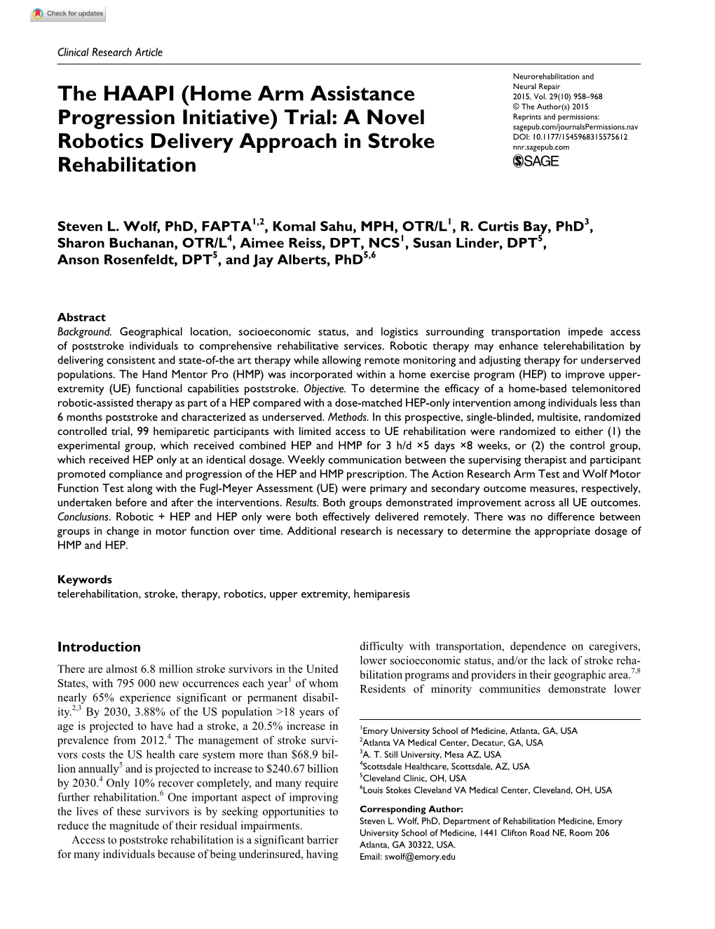 Trial: a Novel Sagepub.Com/Journalspermissions.Nav DOI: 10.1177/1545968315575612 Robotics Delivery Approach in Stroke Nnr.Sagepub.Com Rehabilitation