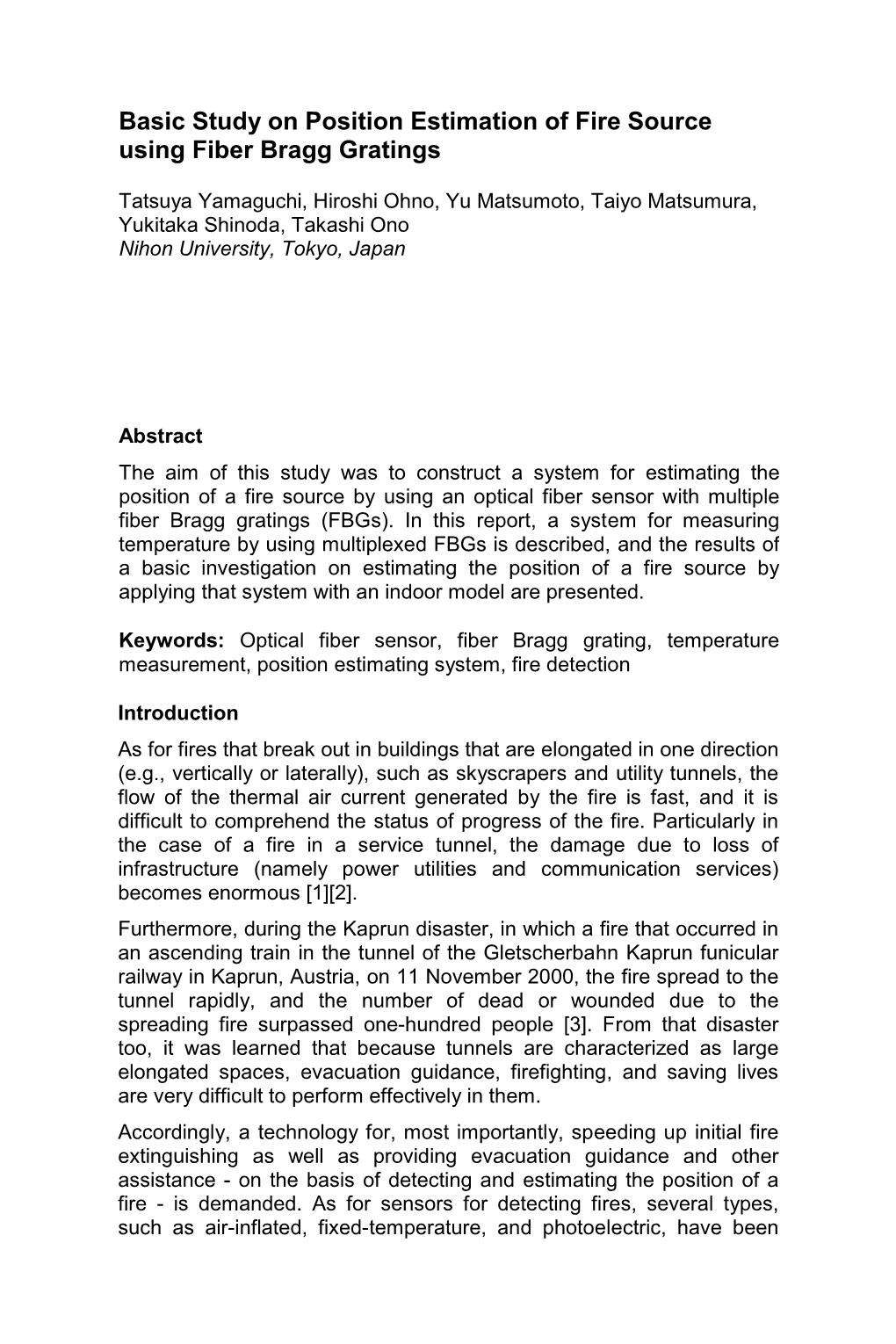 Basic Study on Position Estimation of Fire Source Using Fiber Bragg Gratings