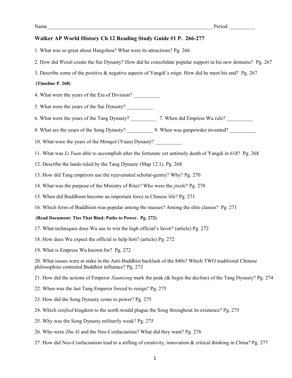 Walker AP World History Ch 12 Reading Study Guide #1 P. 266-277