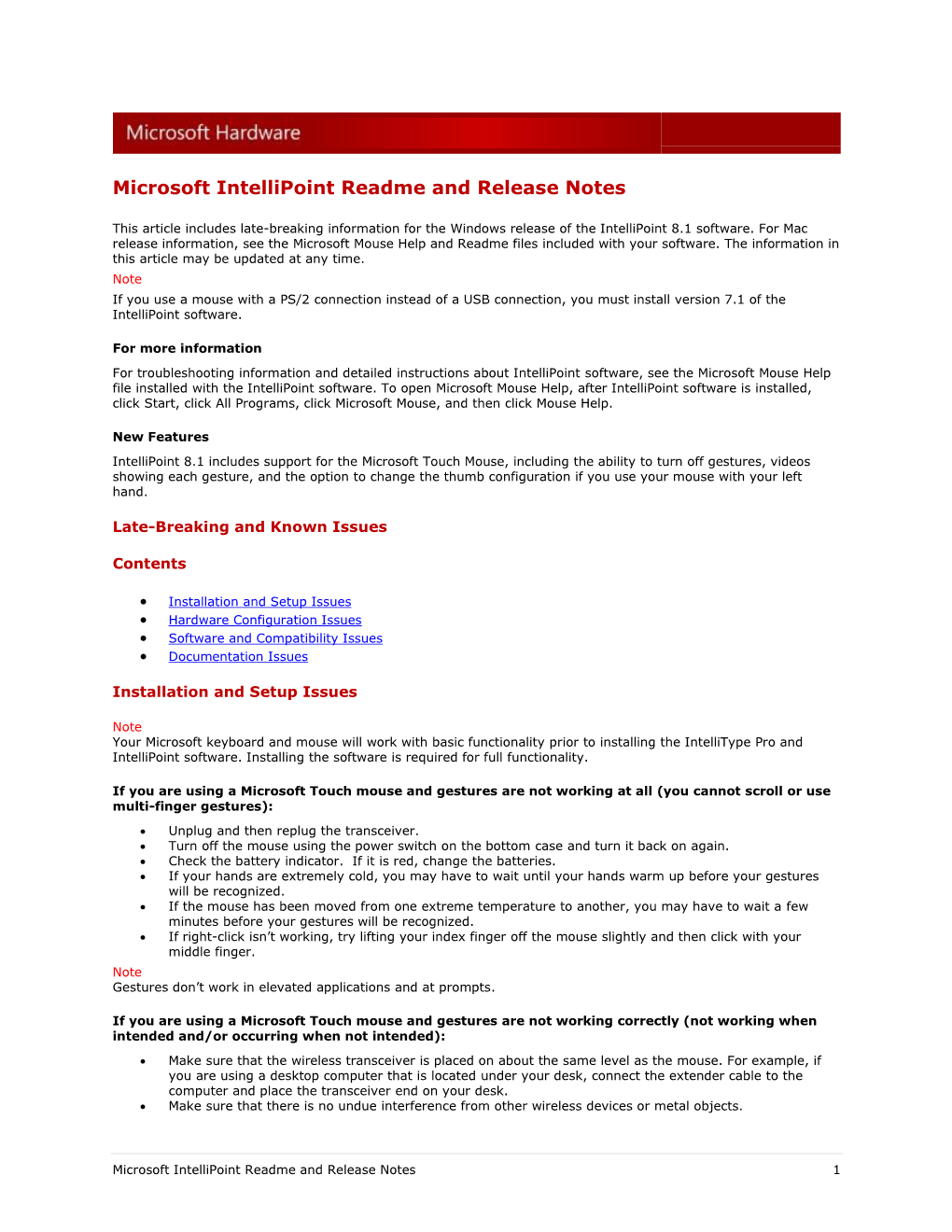 Microsoft Intellipoint Readme and Release Notes